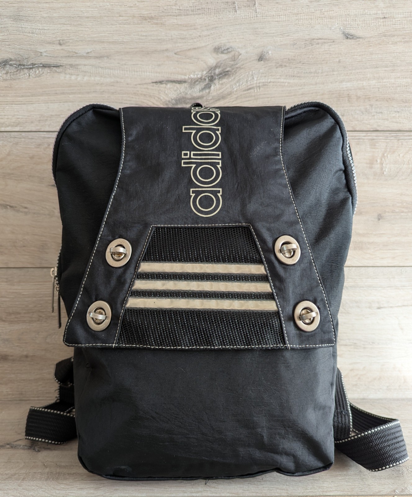 Adidas Vintage 90s Backpack Metal Turn-lock Flap Bag Black Y2K West Germany