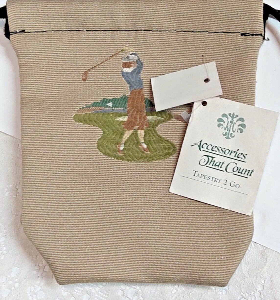 Vintage “Accessories That Count” Tapestry 2 Go Golf Drawstring Pouch Tan NWT
