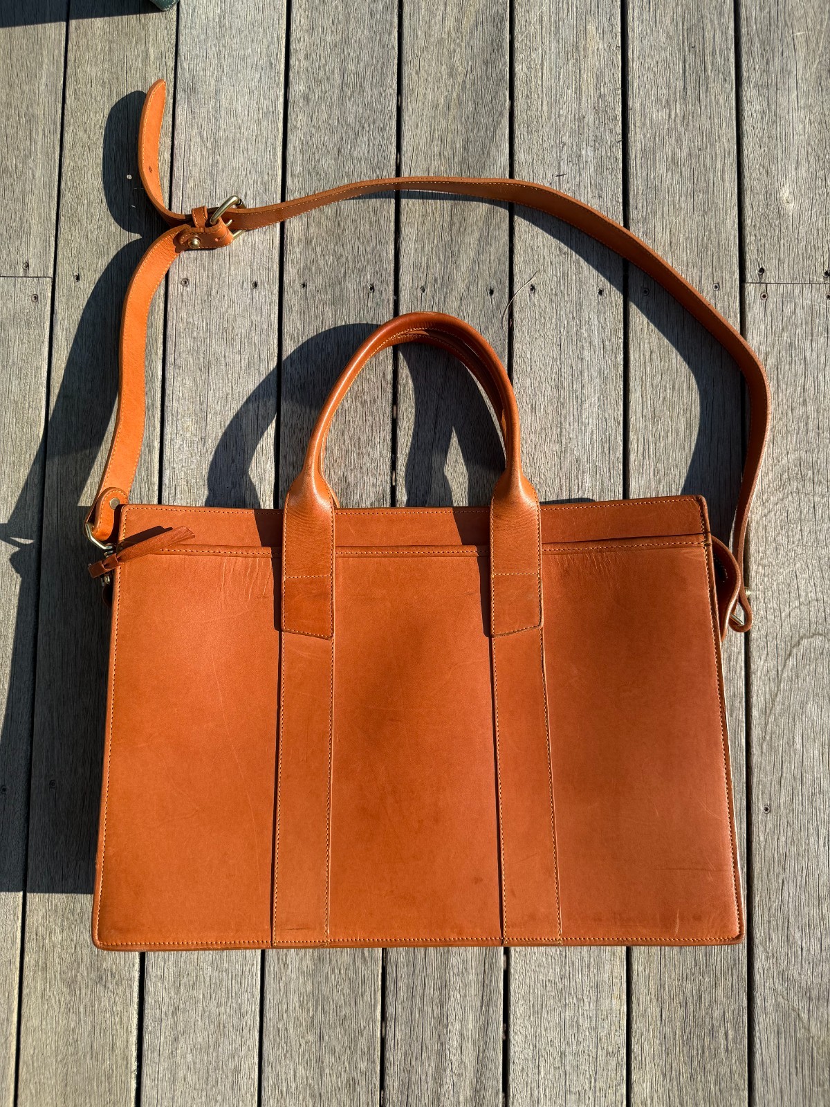 Frank Clegg Zip Top Briefcase Cognac Leather Made in USA with Shoulder Strap