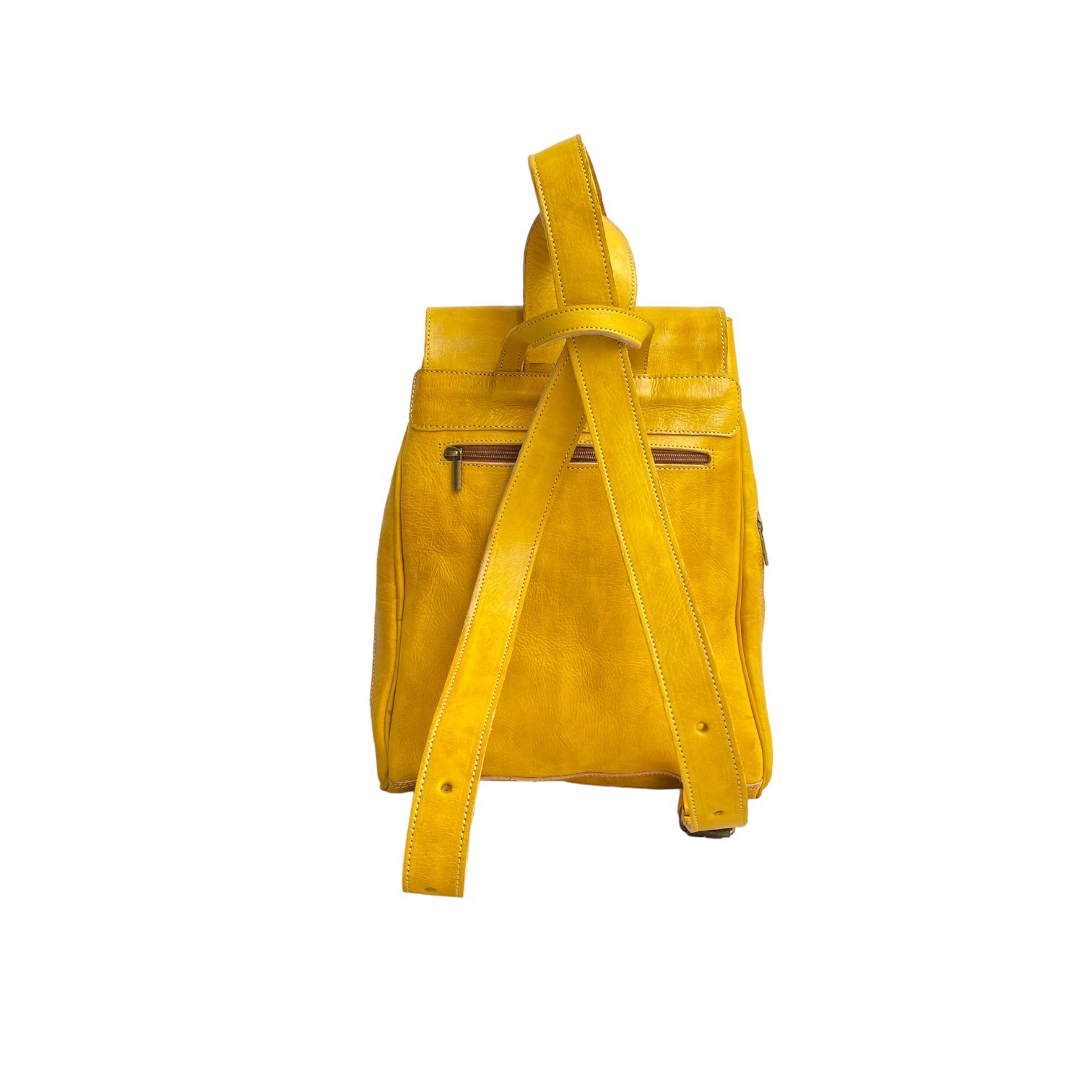 Yellow Leather Backpack Handmade Morocco Button Closure Back Zip Pocket