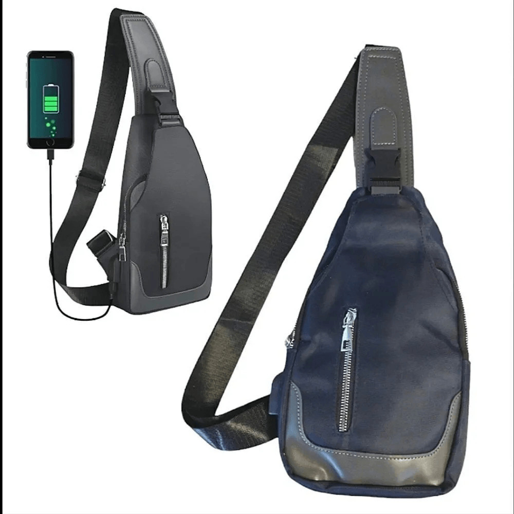 Blue Black Crossbody Sling Bag with USB Port and Cable NWOT