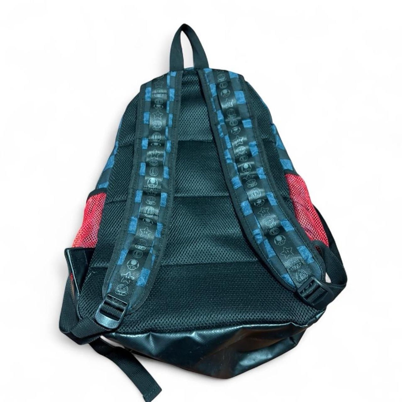 Nintendo Super Mario Backpack Blue/Black Checkered, Red Mesh Pockets, Adjustable