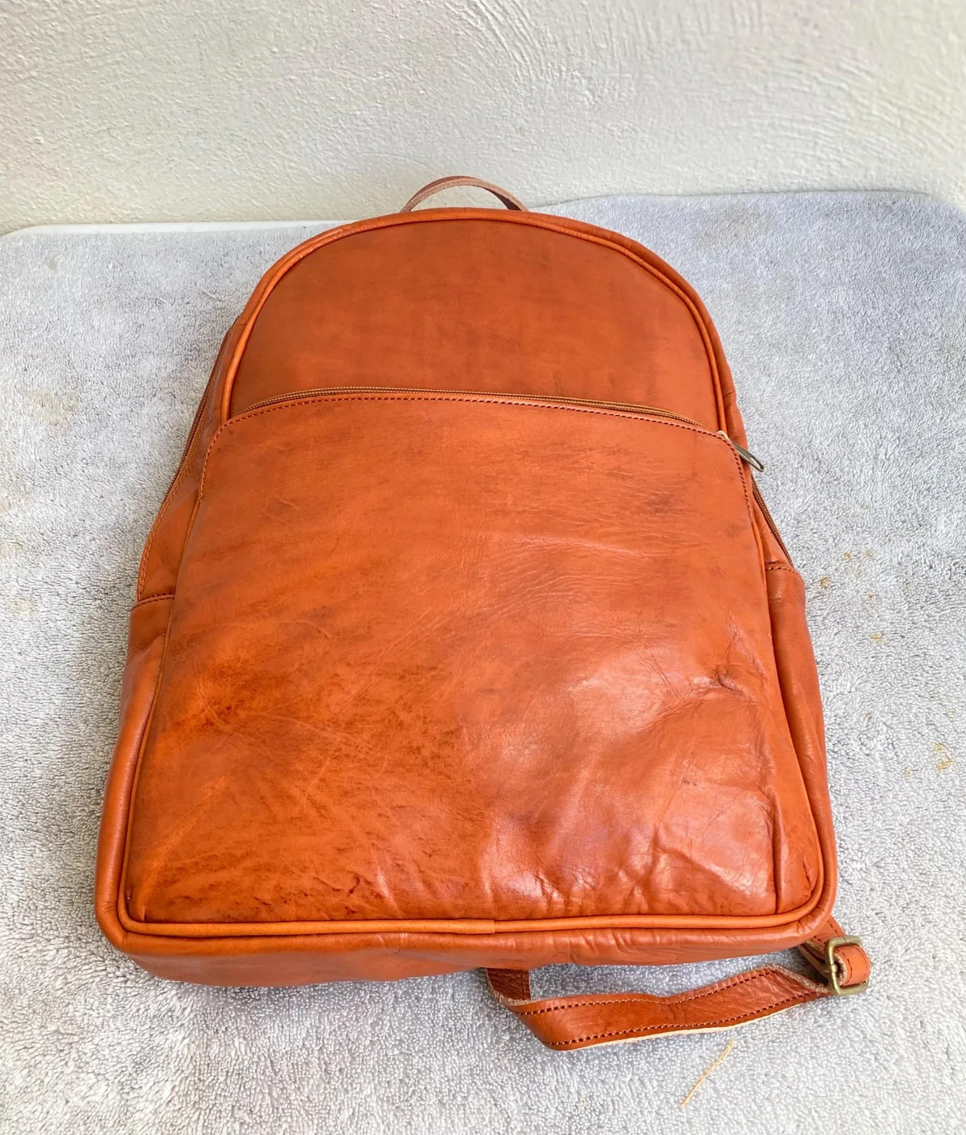 Handcrafted Genuine Leather Round Satchel Bag – Cognac | Double Front Pockets