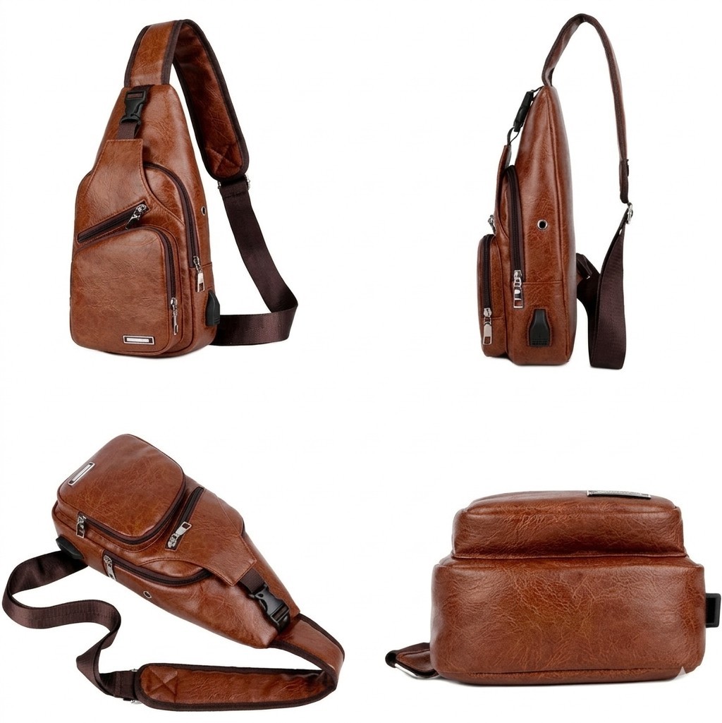 Chest Crossbody Bag Sling Backpack for Men with USB Charge Port Brown