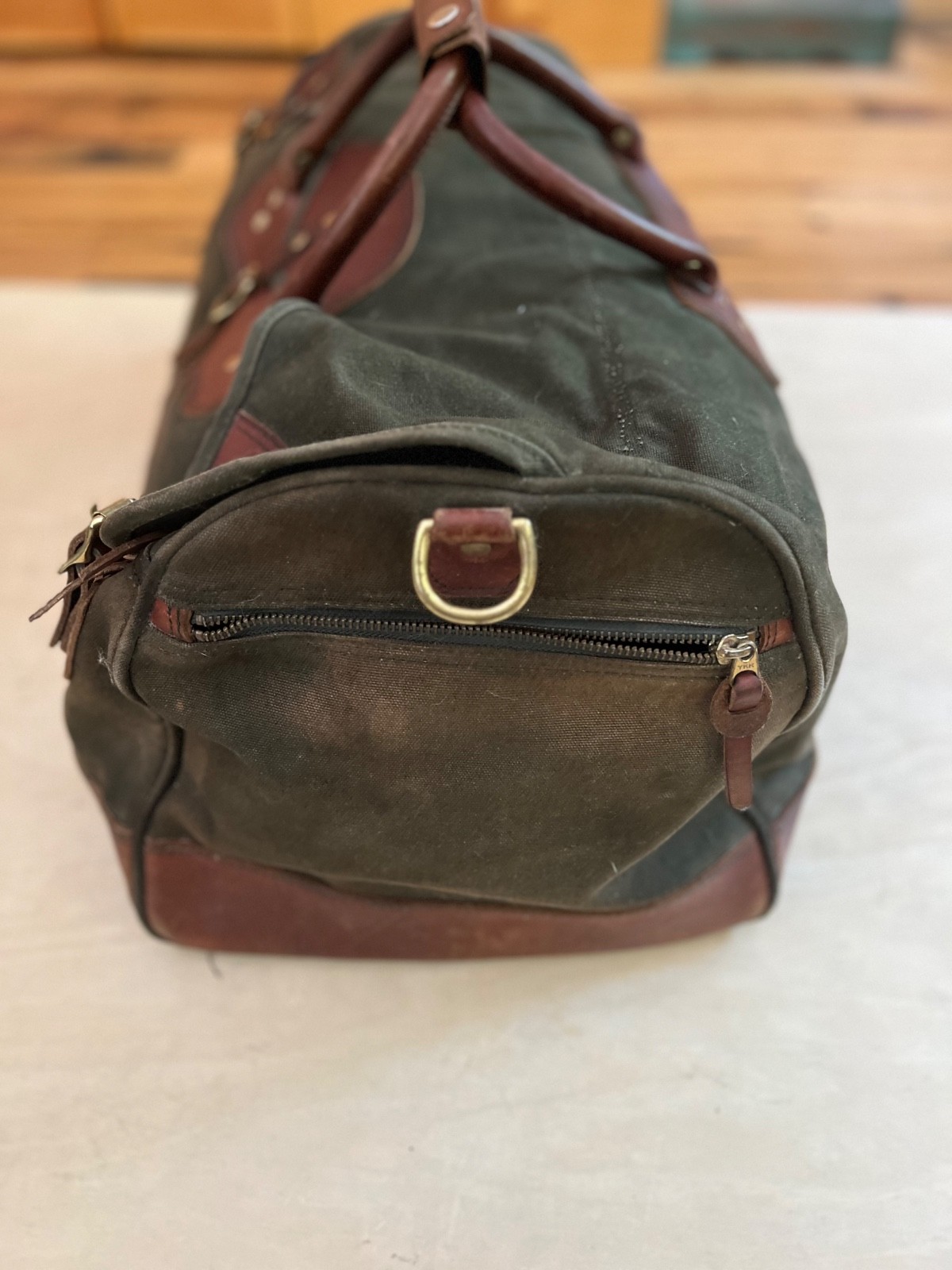 ORVIS VINTAGE BATTENKILL Duffle Bag GREEN Leather Canvas 25″x18″x10″