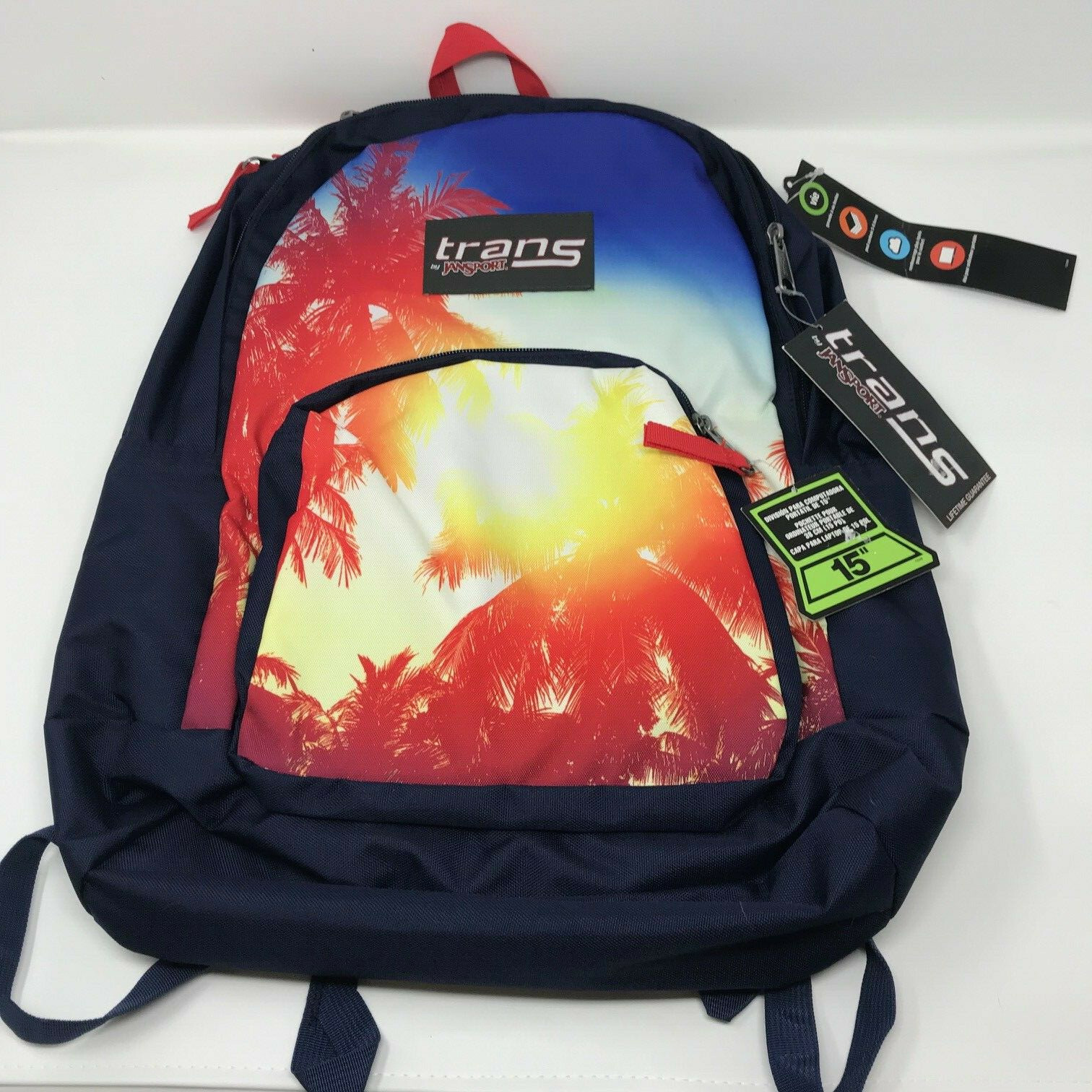 New NWT Jansport Trans Overt Sunshine Palms Backpack Blue Laptop Sleeve