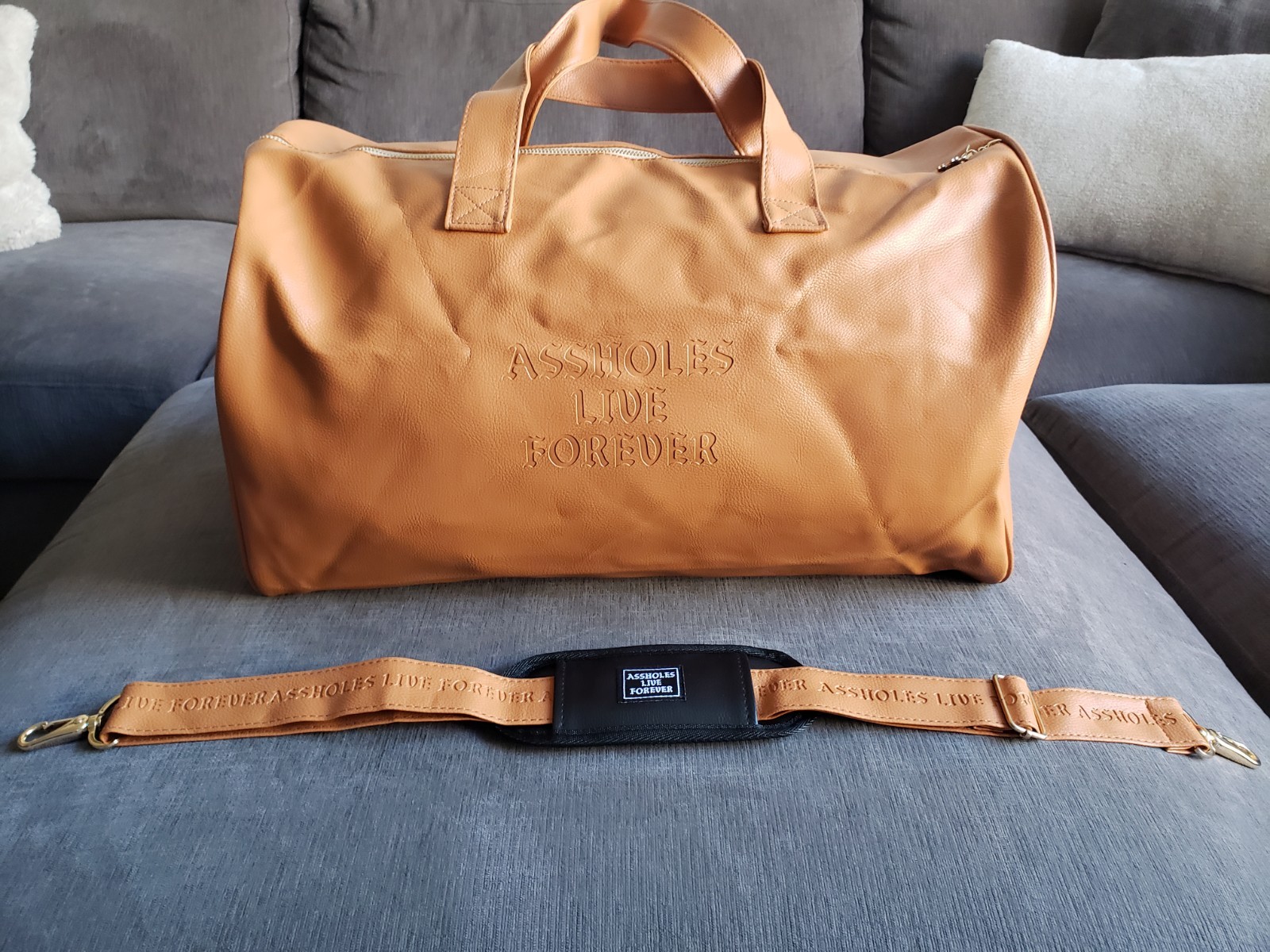 ASSHOLES*S LIVE FOREVER – Emotional Baggage Camel Tan Faux Leather BRAND NEW!