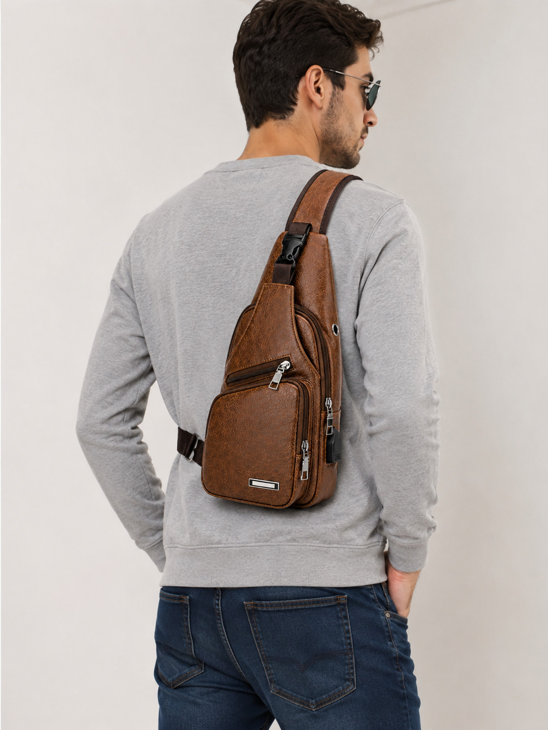 Chest Crossbody Bag Sling Backpack for Men with USB Charge Port Hole