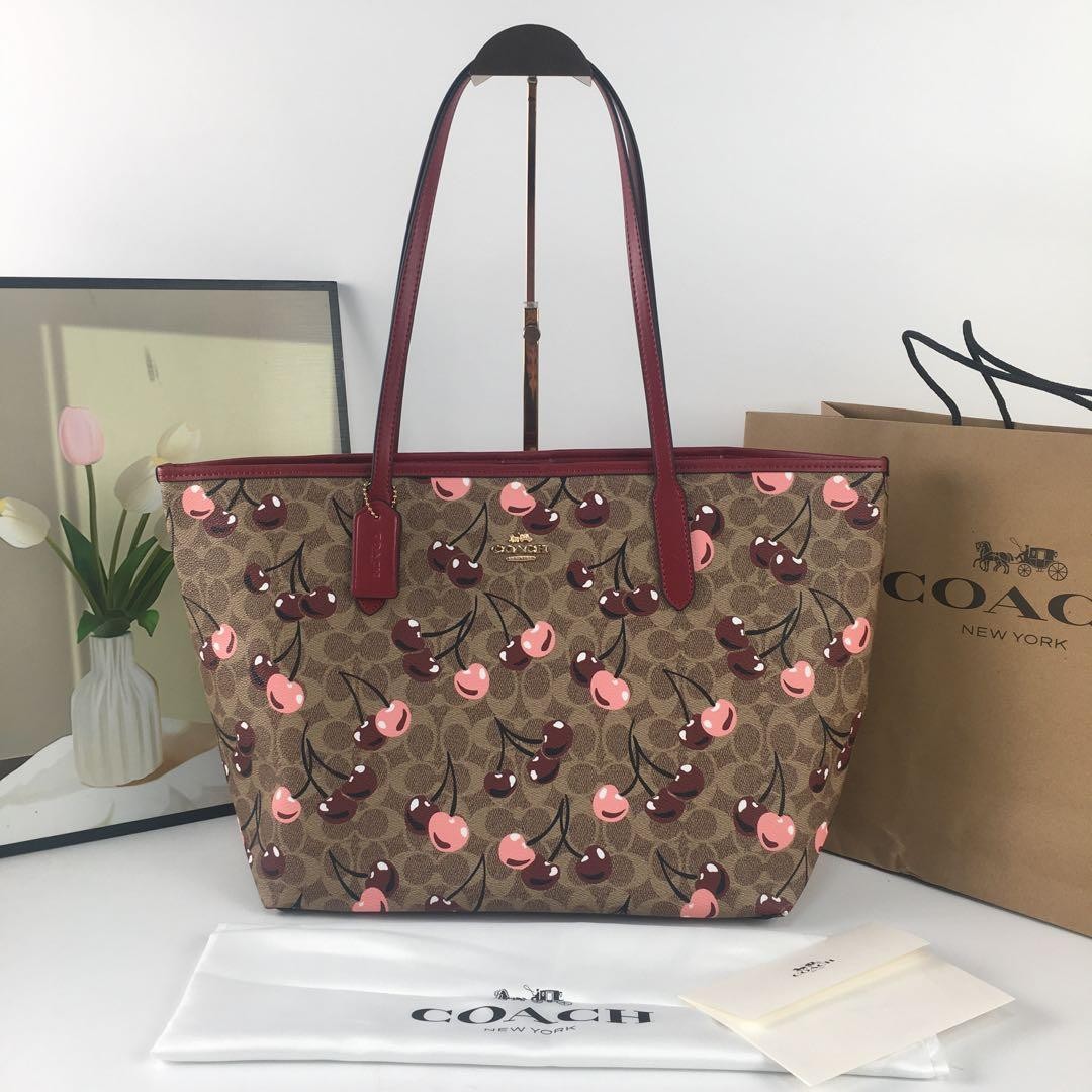 NEW COACH City Tote Bag Signature Canvas Cherry Print Tan Multi CY691