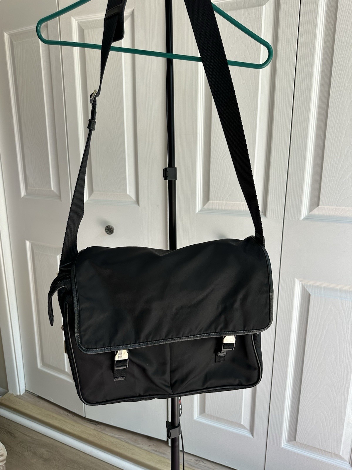 Prada Tessuto Nylon Messenger Laptop Bag Black Silver Buckle Unisex Crossbody