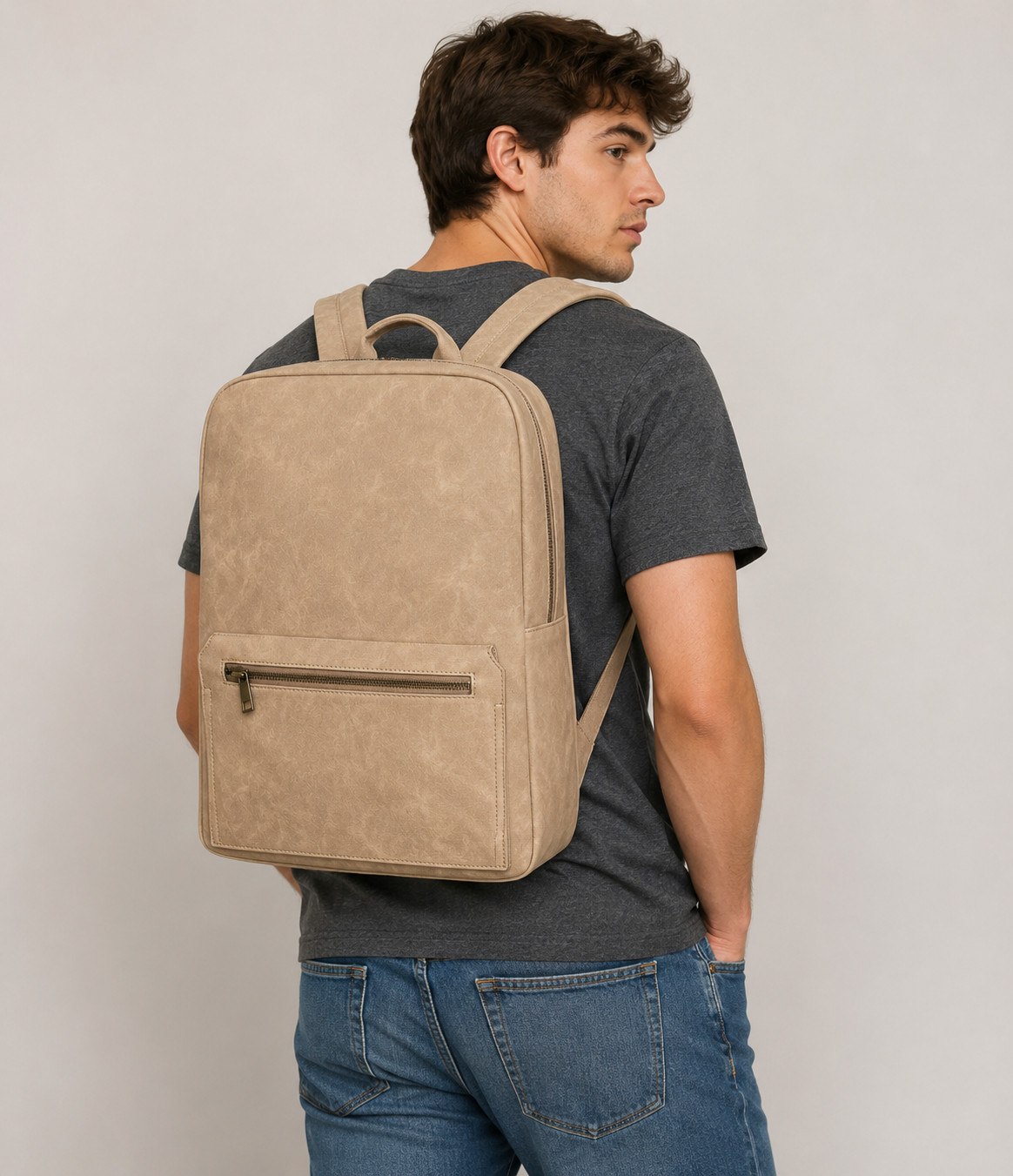 Alfani Beige Faux Leather Backpack Adjustable Straps Zip Closure Casual Bag