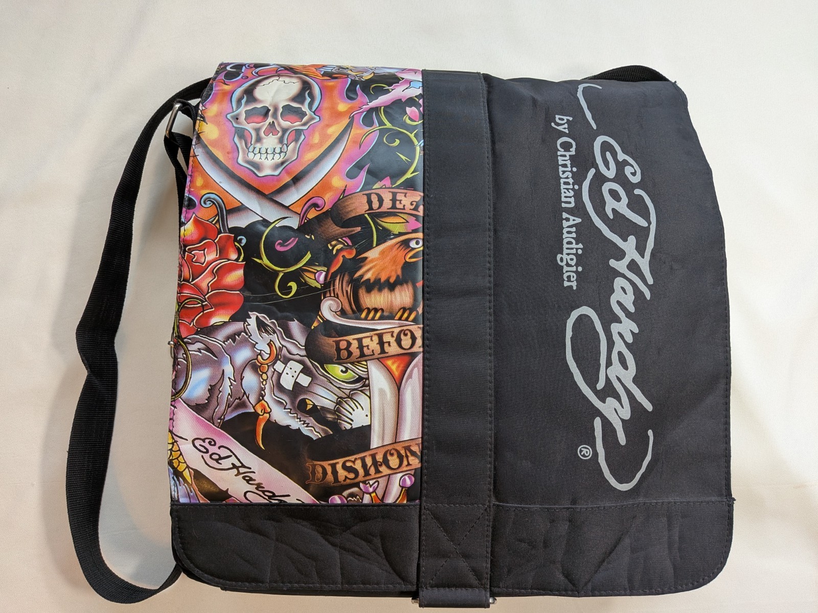 Y2K Ed Hardy Christian Audigier Messenger Bag Black Skull Tattoo Distressed