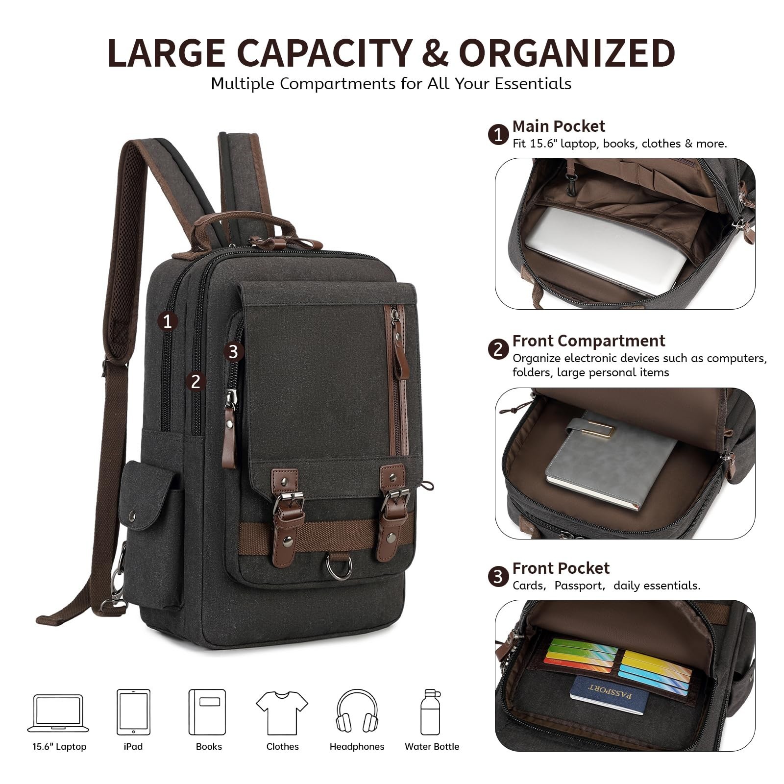 Canvas Crossbody Messenger Bag, Shoulder Sling Backpack, Travel Rucksack, Durabl