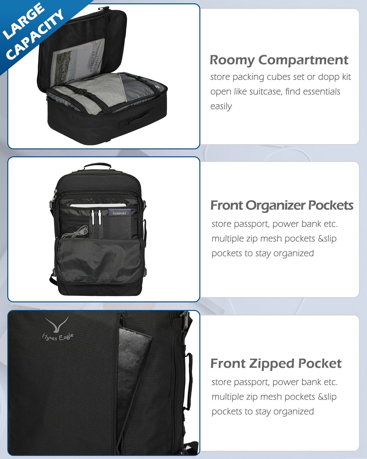Convertible Men 38L Carry On Backpack Cabin Size Personal item Bag Weekender Bag