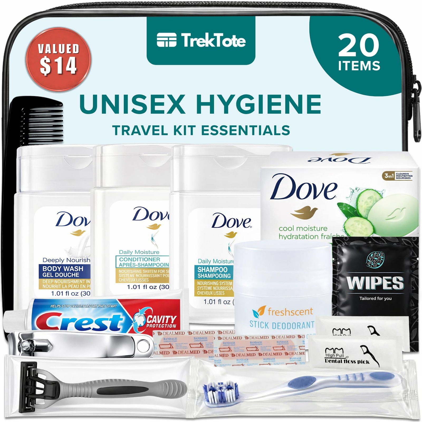 20 Piece Unisex Travel Hygiene Kit with Toiletries & Personal Care Essentials…