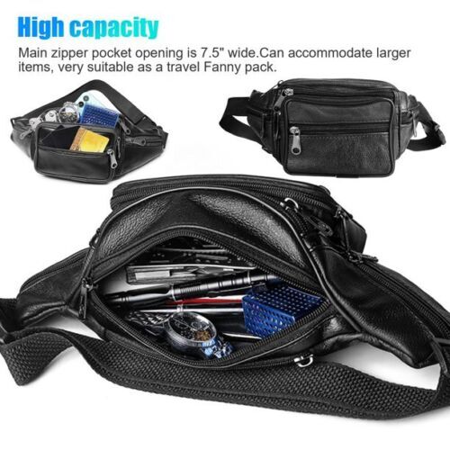 Genuine Leather Multi Zippered Fanny Pack Waist Bag Hip Belt Purse Outdoor Pouch
