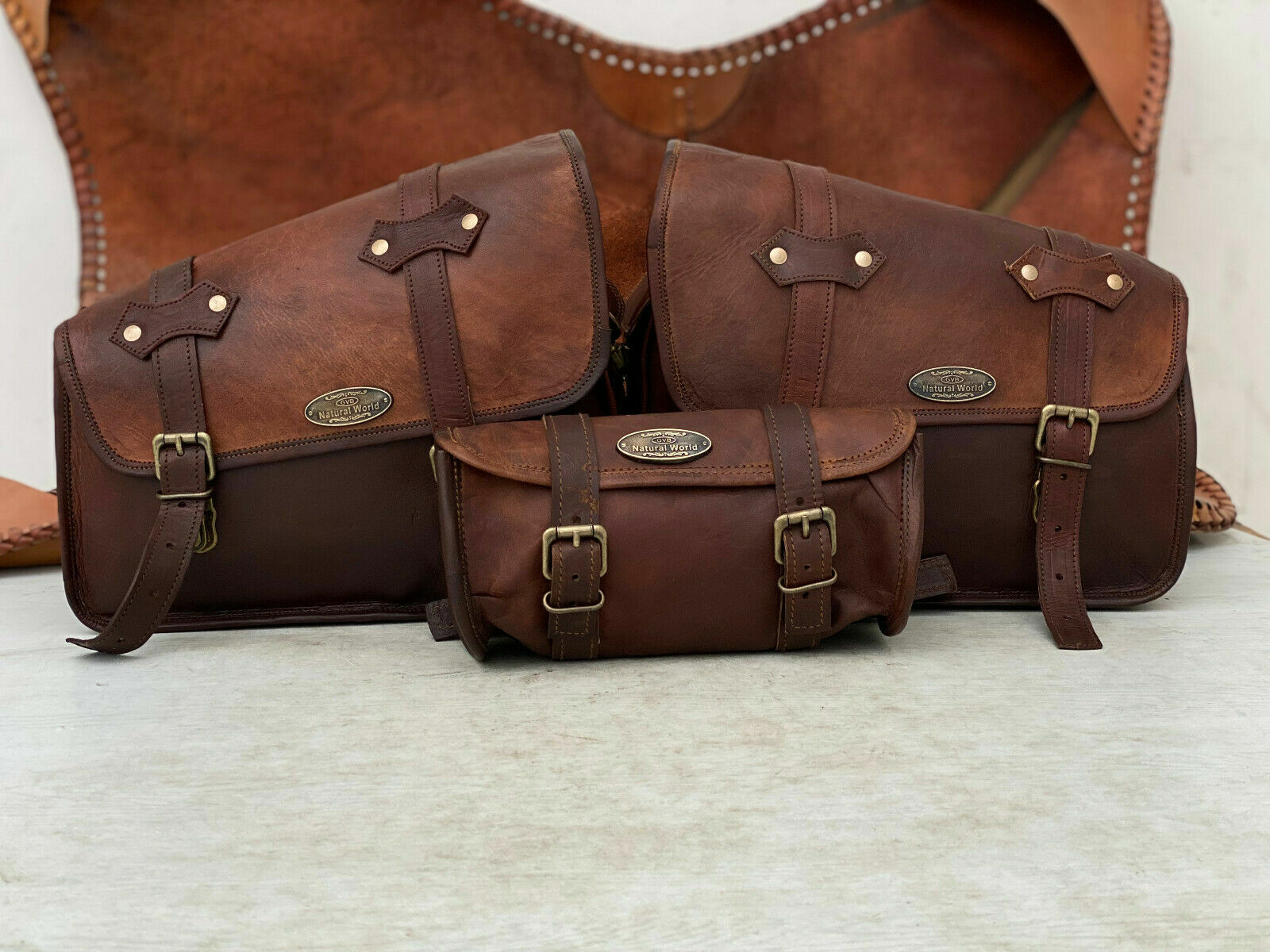 Leather Motorcycle Saddle Bags Saddlebag Luggage Bag Sportster 3 Pcs Large