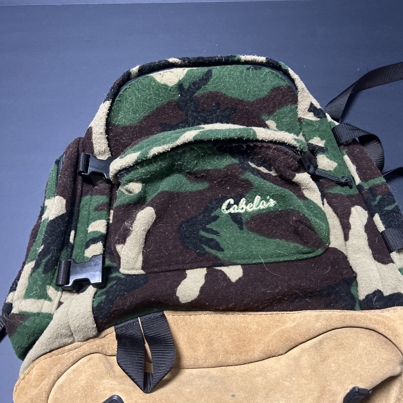 vintage CABELAS woodland BACKPACK fleece BAG camouflage LEATHER 1990s