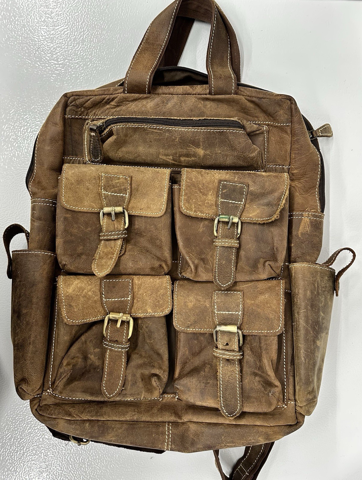 Sam’s Buffalo 18″ DISTRESSED VINTAGE LEATHER BACKPACK – Handmade, Needs Repair