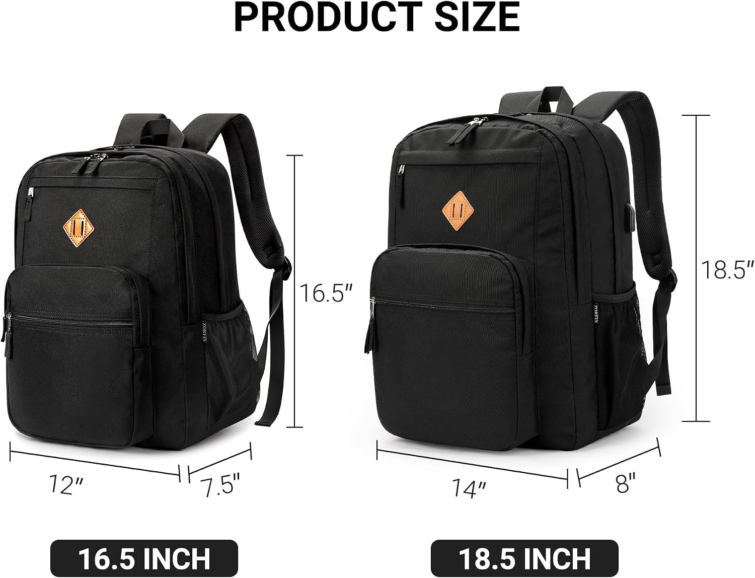 36L Black Backpack for College, and Travel: Water Resistant Bookbag 18.5 inch