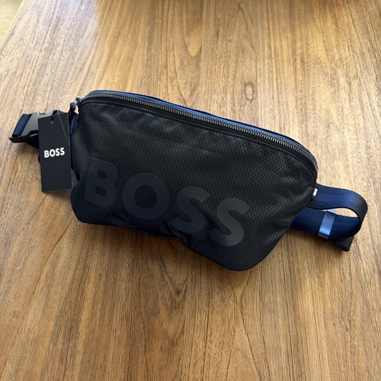 New HUGO BOSS BIG Logo Print Belt Bag Rubber Bumbag Fanny Pack Travel Black NWT