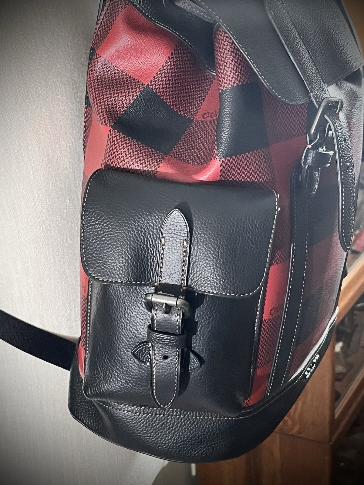 Coach C1240 Hudson Backpack Buffalo Plaid Red Black Leather Rucksack Laptop Bag