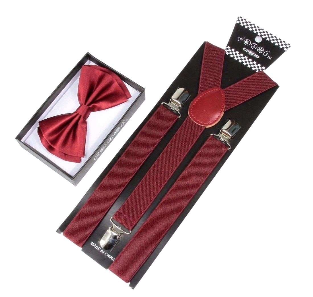 Adult Burgundy Suspenders and Bow Tie Set Wedding Prom Groomsmen Adjustable