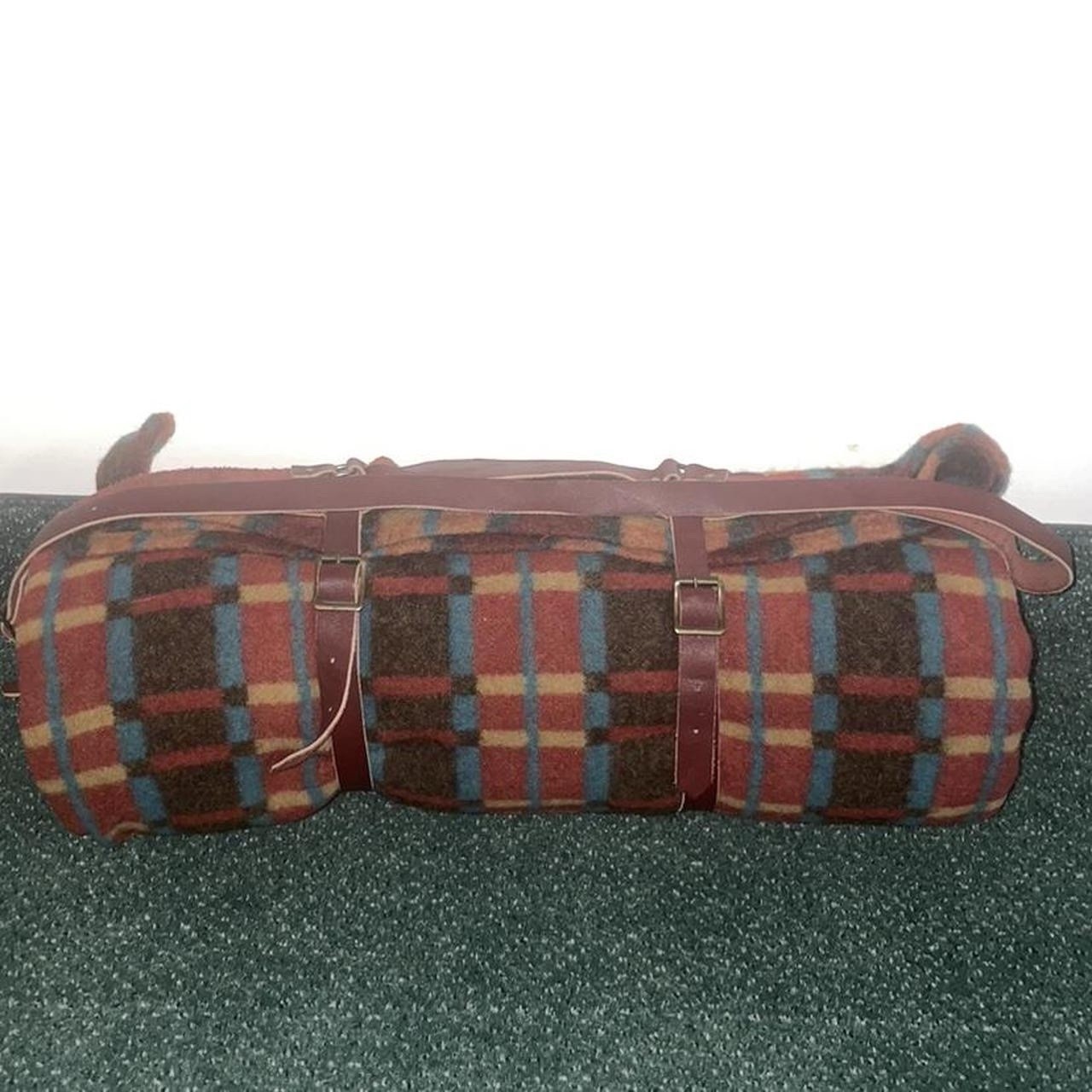 Vintage Woolrich Wool Camp Roll Up Blanket With Leather Carry Harness