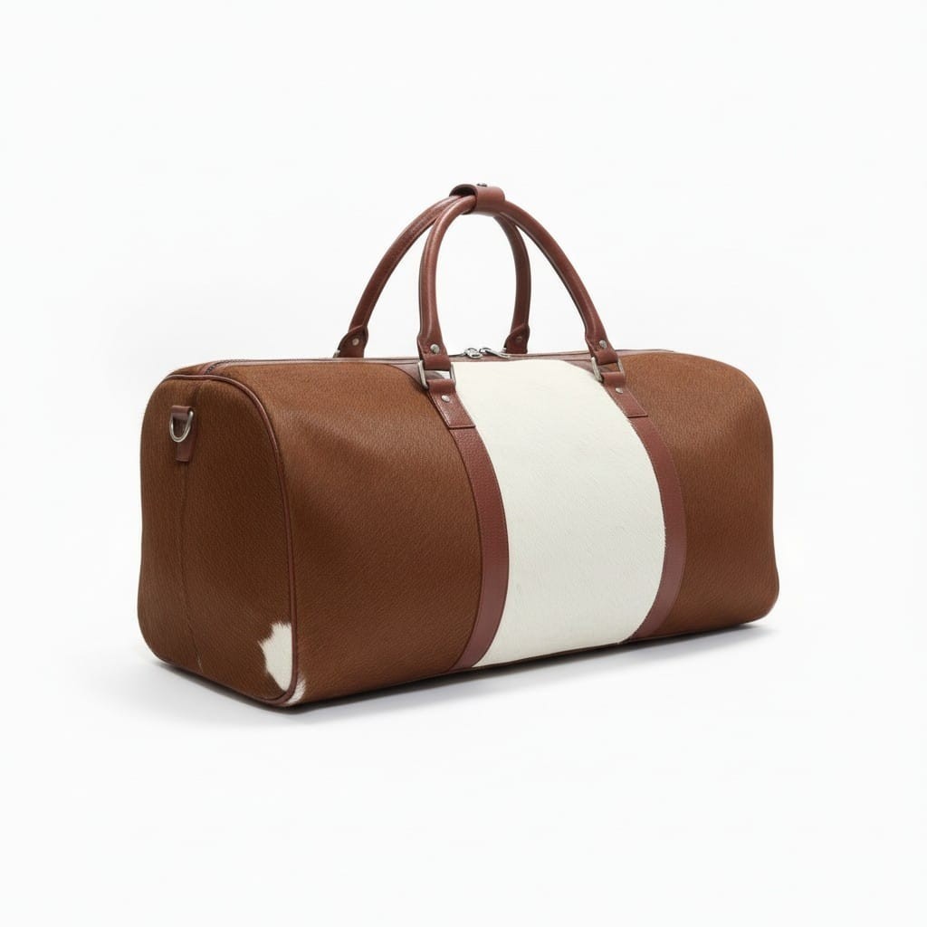 Genuine Cowhide Leather Duffle Bag Brown & White Travel Weekender Handcrafted