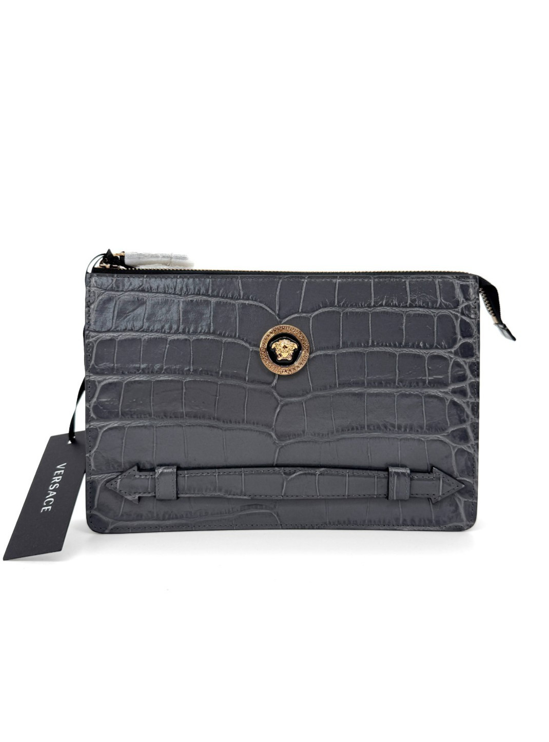 NWT Versace Medusa Men’s Crocodile Embossed Leather Small Clutch Pouch Gray