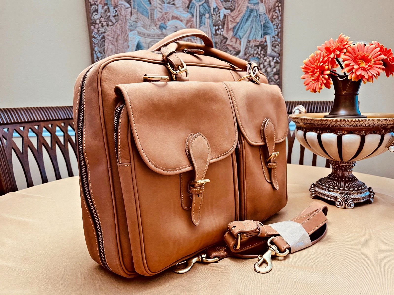 MULHOLLAND Rustic Tan Heavy Saddle Leather Briefcase / Messenger Bag – USA