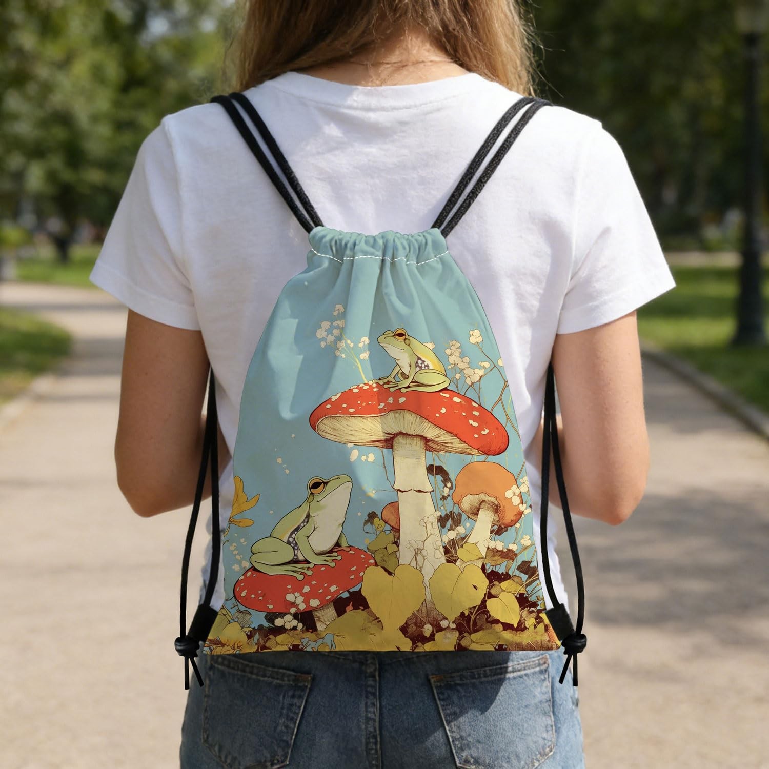 Frog Drawstring Backpack, Adjustable Cord & Inner Zipper Pocket – Reusable Gy…