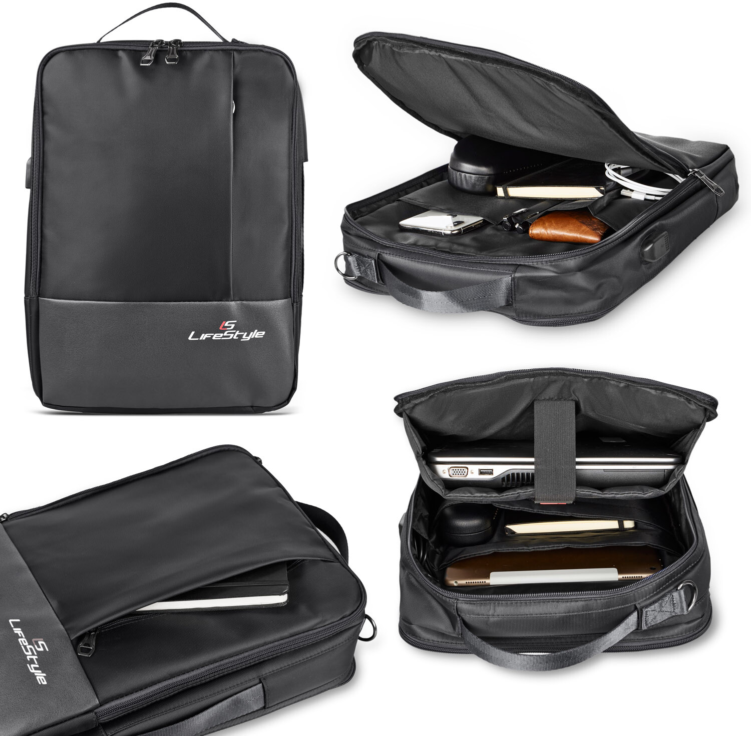LS LifeStyle Leather 3 in 1 Backpack USB Professional Briefcase Waterproof Bag