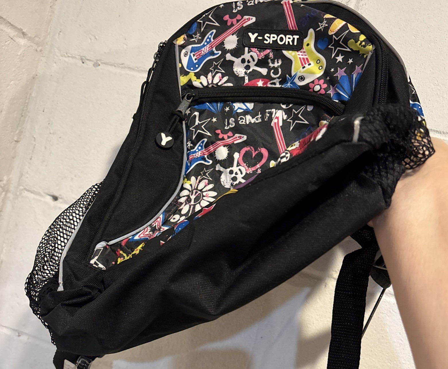 Y Sport Backpack Bag Black Music Theme Side Pockets Top Handle Retro School