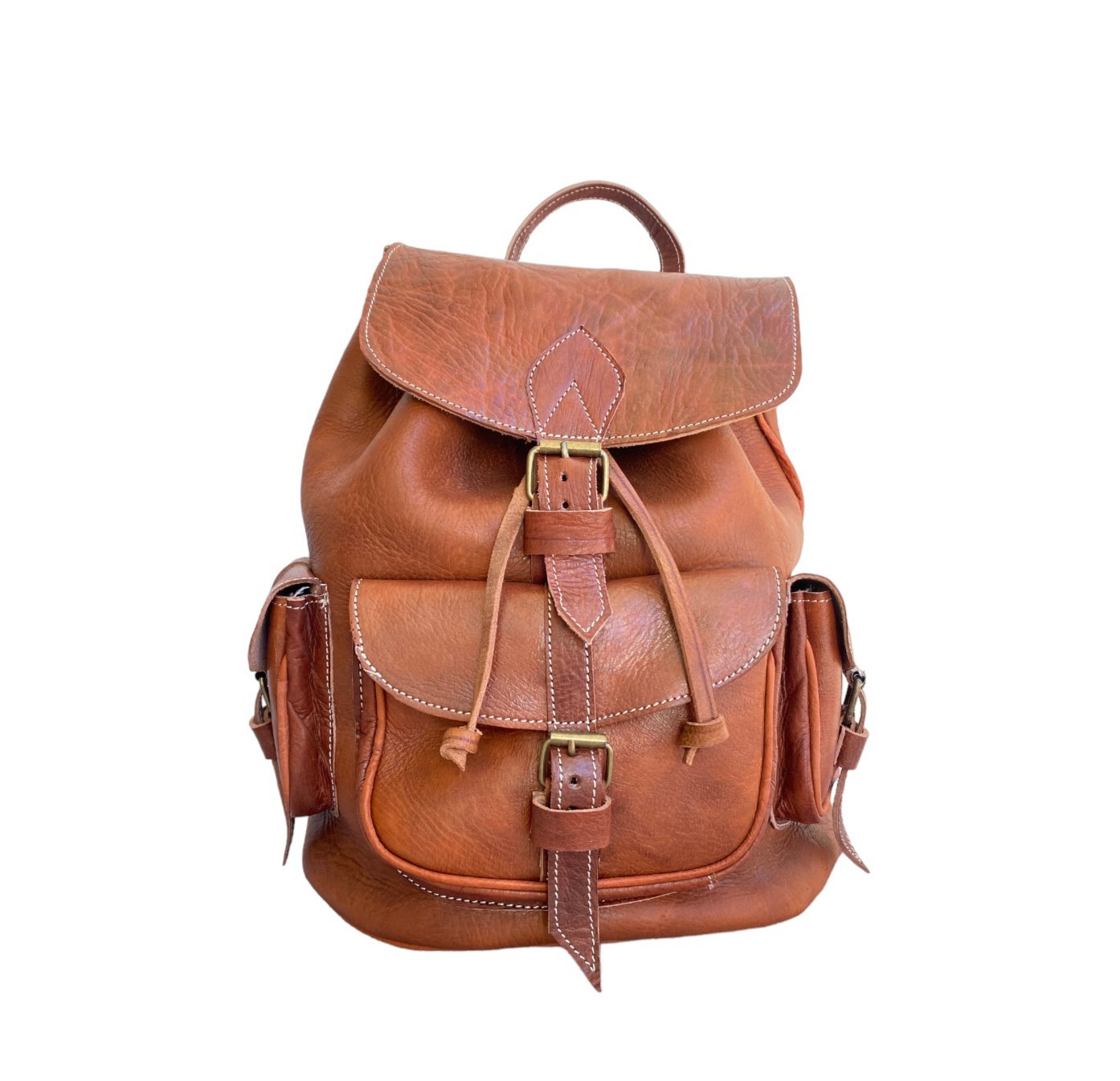 Cognac Leather Backpack Handmade Morocco Belt Buckle Front Back Pocket