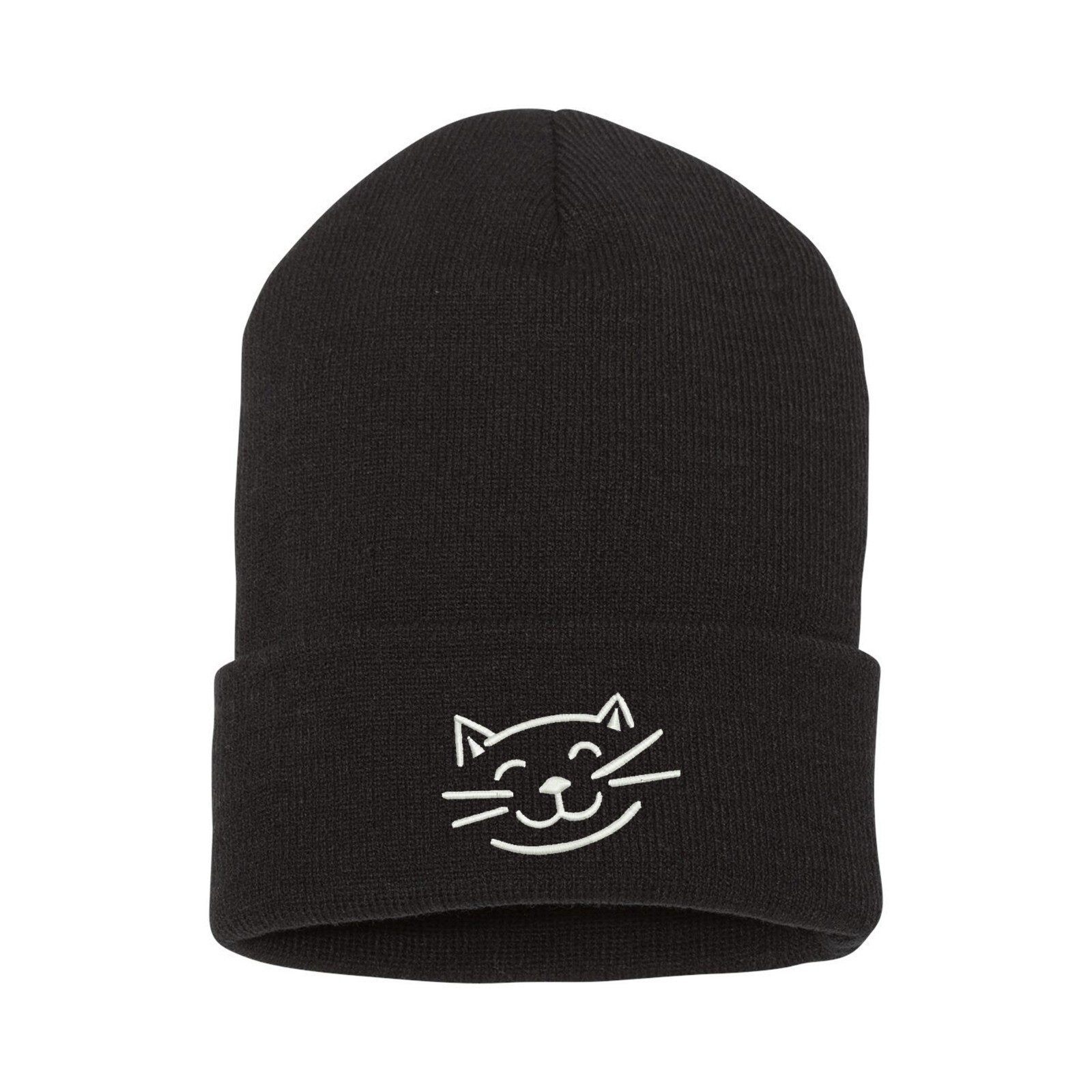 Smiling cat face embroidered black beanie hat, embroidery winter beanie