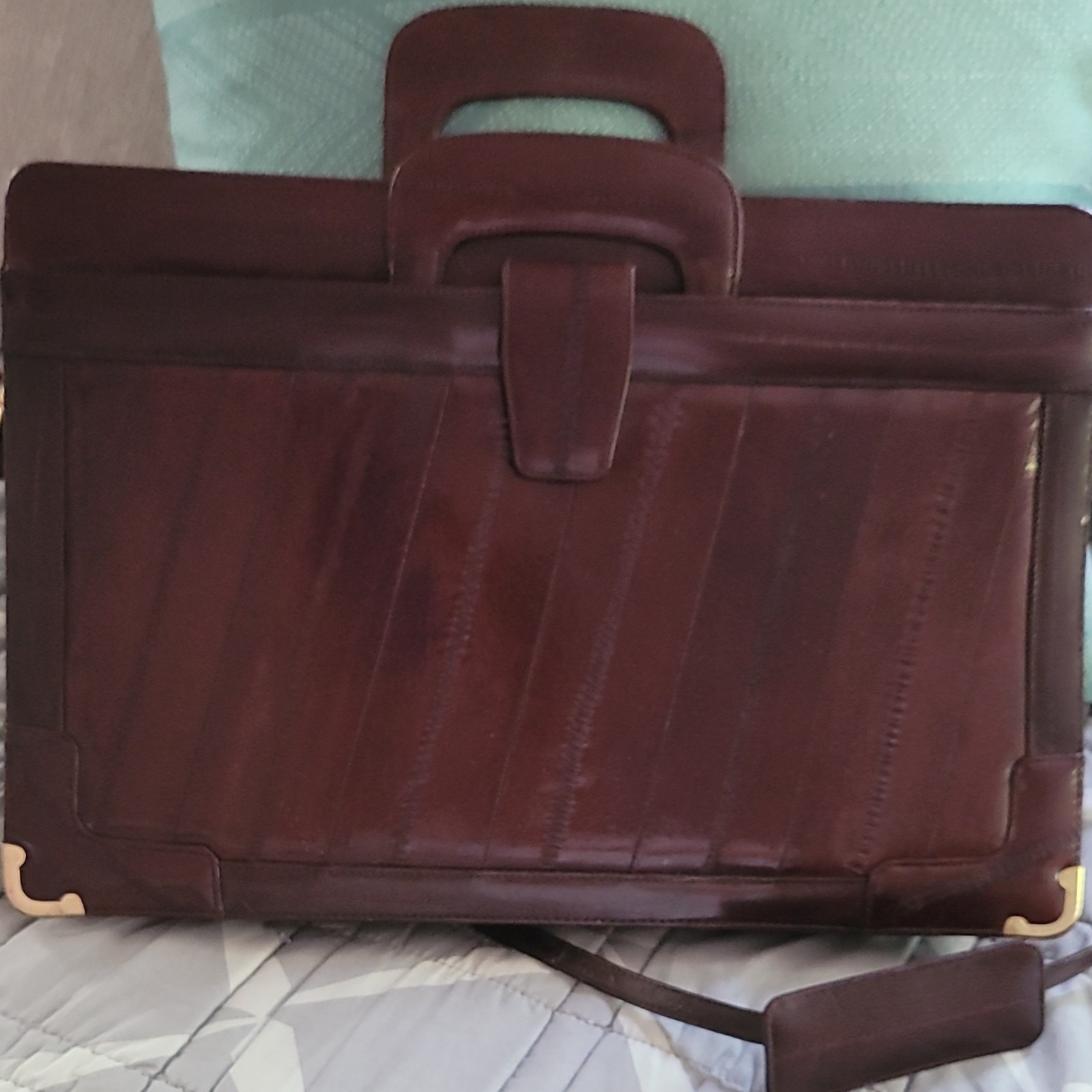 Genuine Purpleish/Brown Leather Briefcase Top Handle Magnetic Snap Shoulder Str…