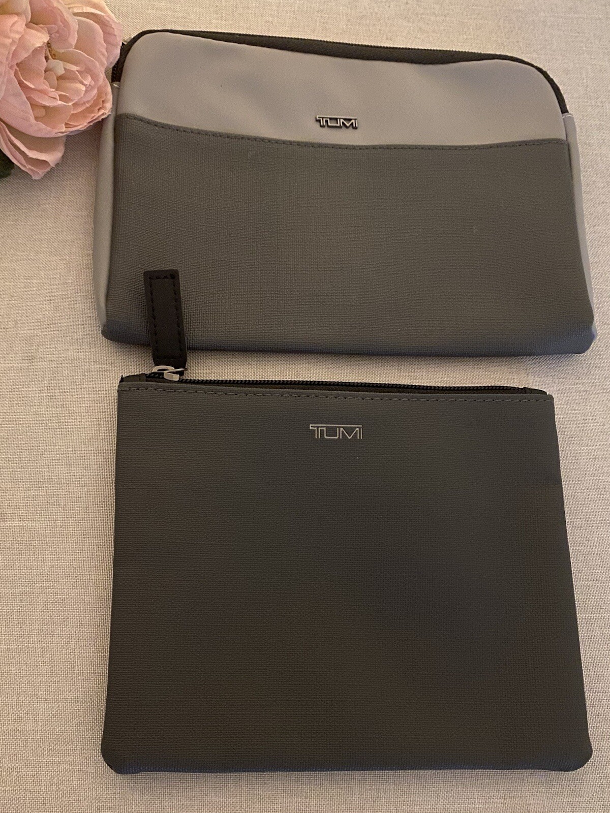 Tumi For Delta Travel Toiletry Zipper Pouch In Gray Set of 2