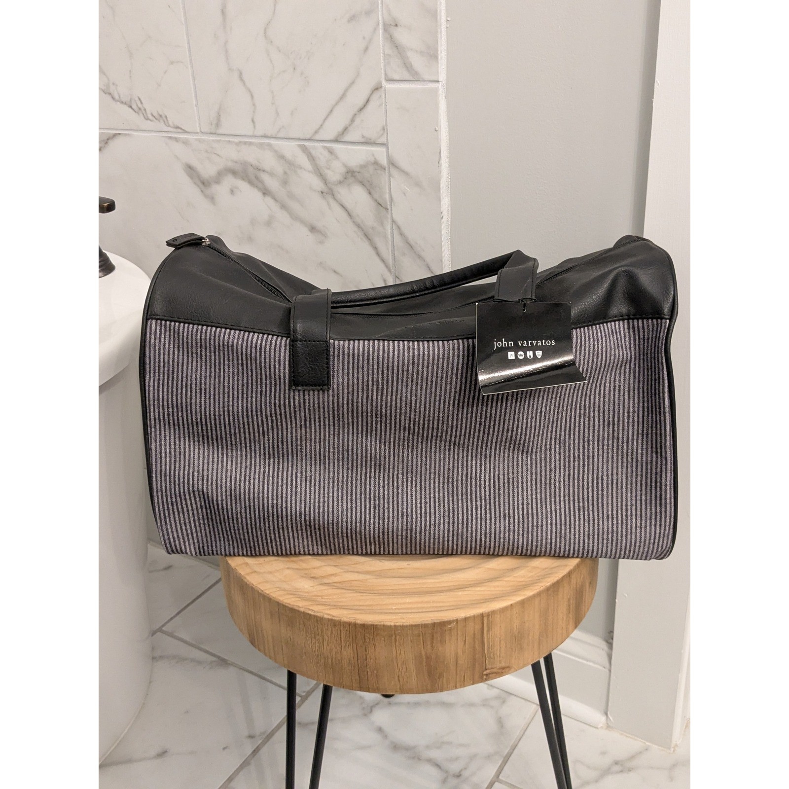 John Varvatos Mono Duffel Bag Men’s Striped Black Travel Gym Carry On Gift Bag