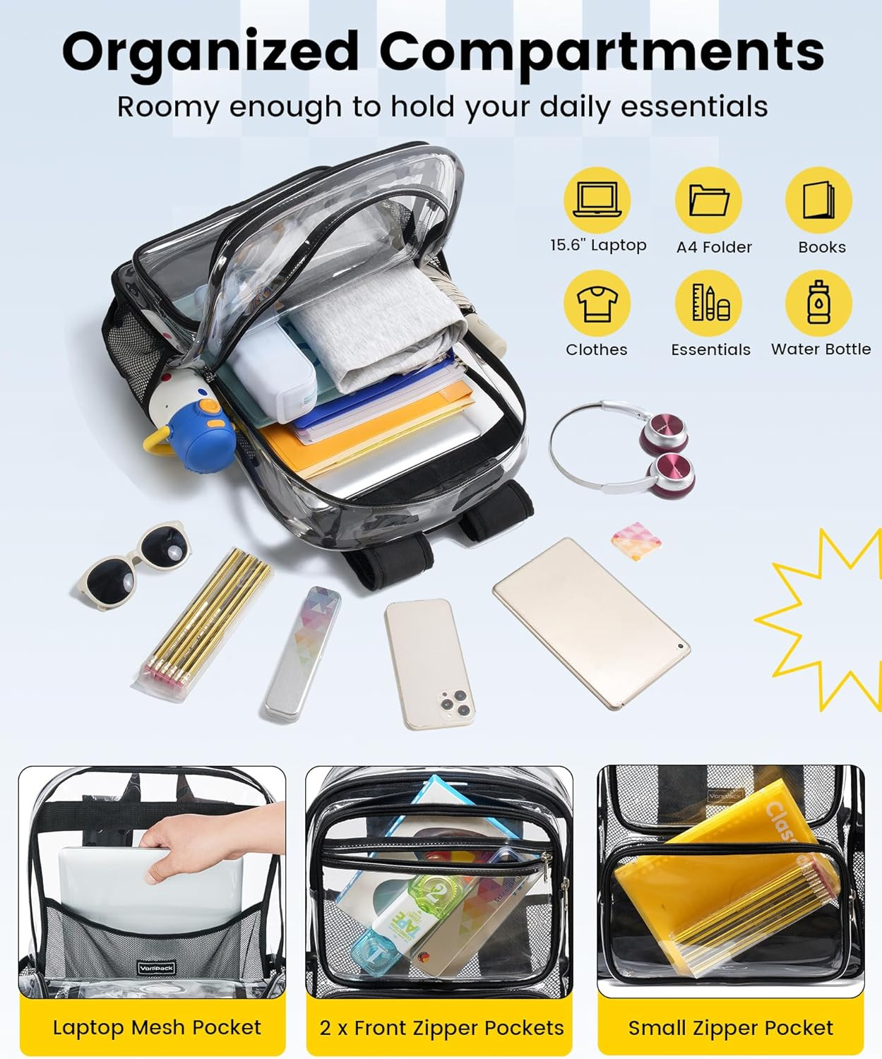 Clear Backpack with TSA Lock, Large Clear Bookbag, Black | Heavy Duty See throug