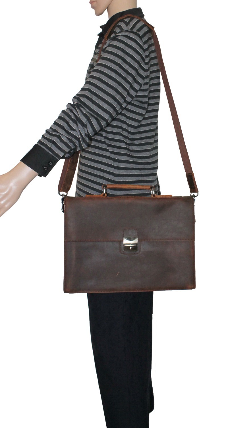 16 in. Slim Full Grain Leather Briefcase Laptop Bag With Latch Lock LB26