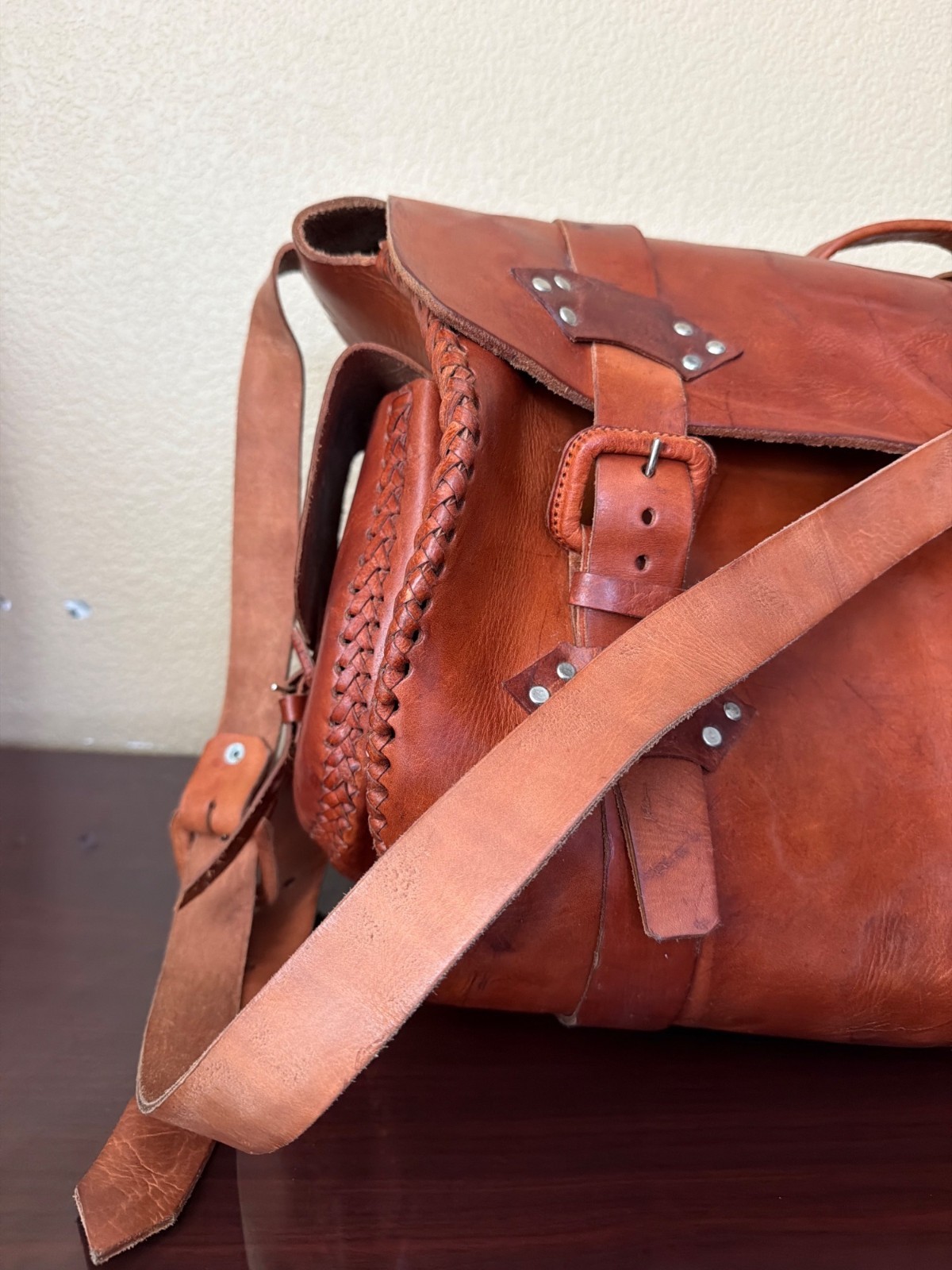 Vintage Handmade Full Grain Cognac Leather Duffel Barrel Travel Bag 20″