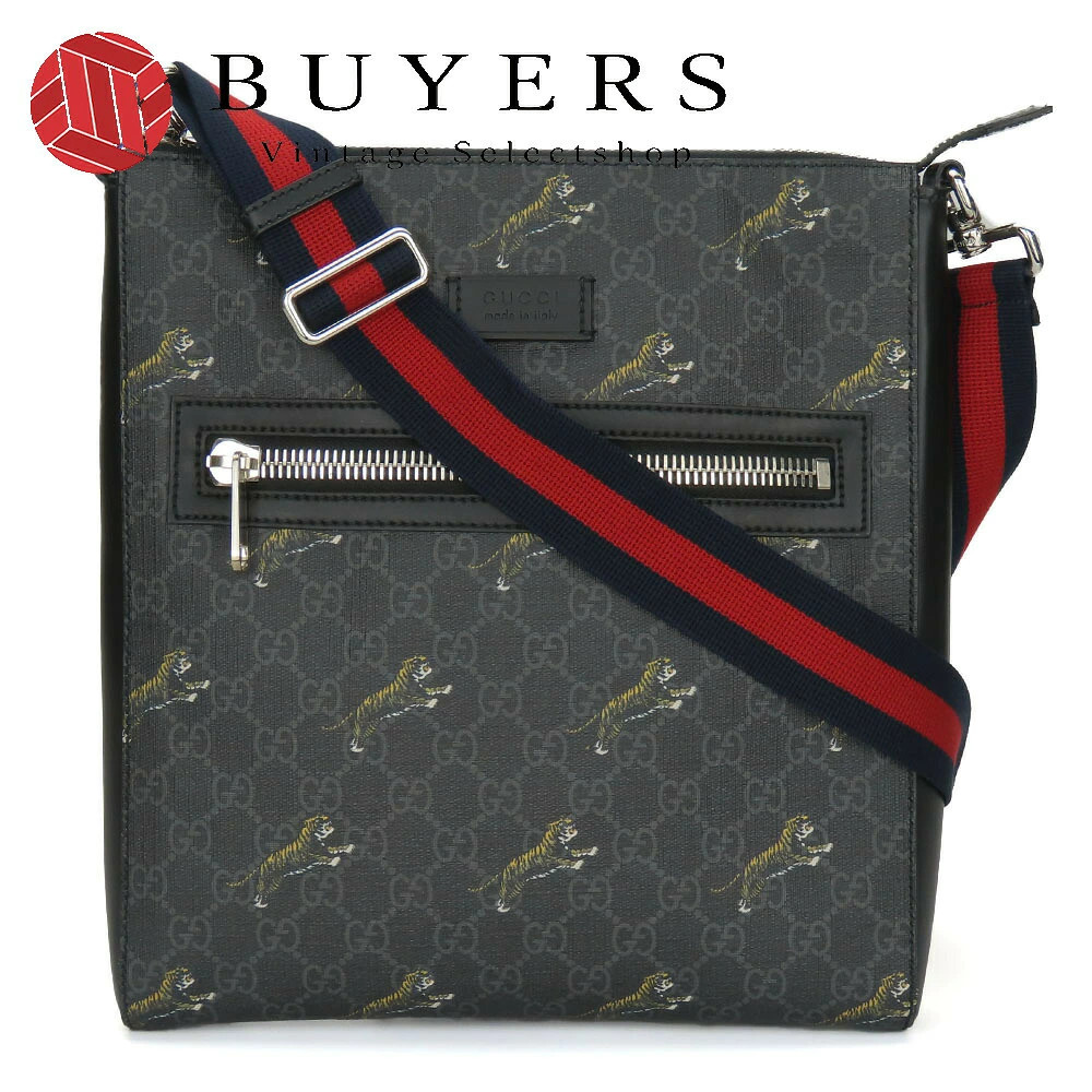 Gucci Shoulder Bag 474137 GG Supreme Canvas Black Gray Silver Hardware Tiger