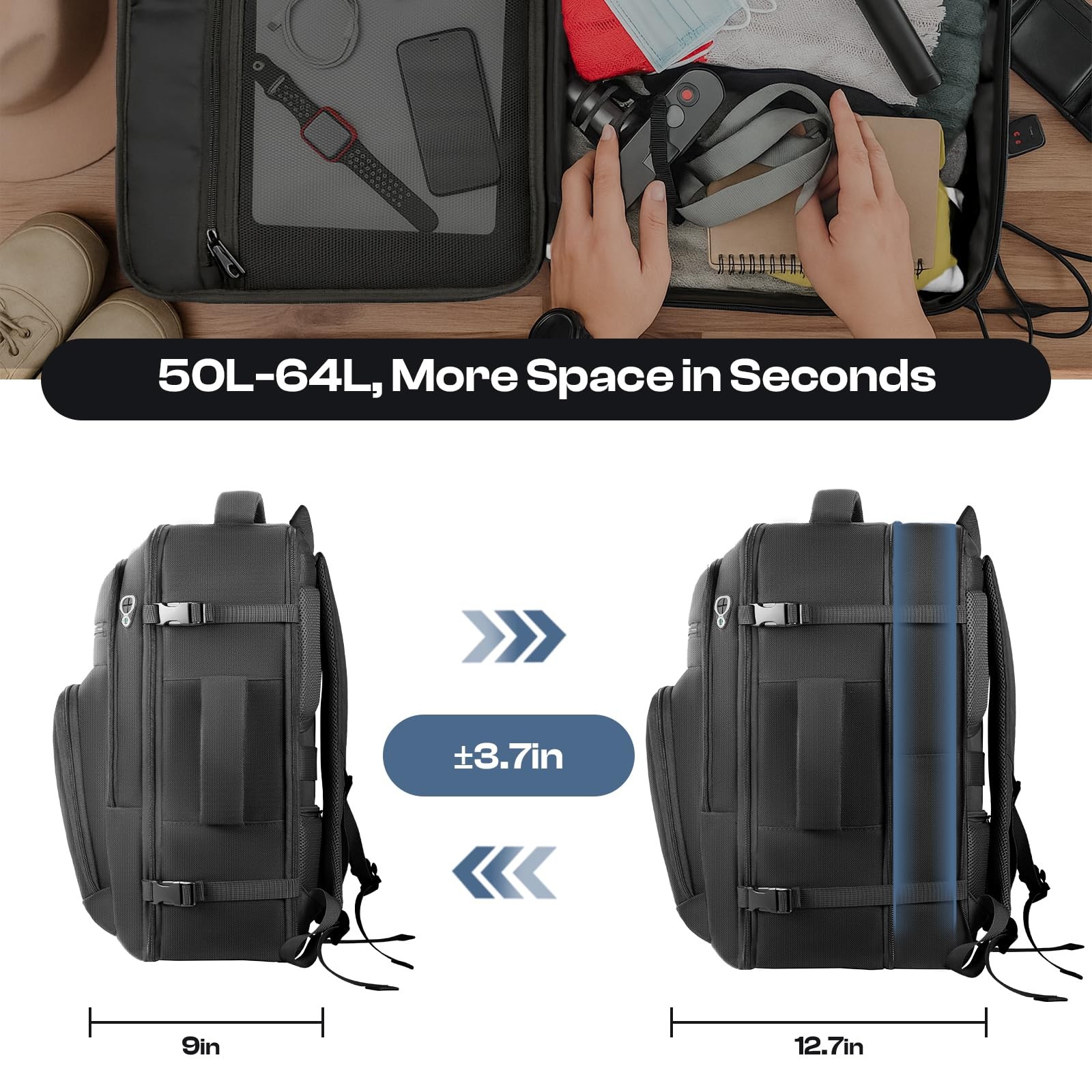 Roomy Travel Backpack,Expandable 40L-50L Carry On Backpack For 17.3″ Laptop