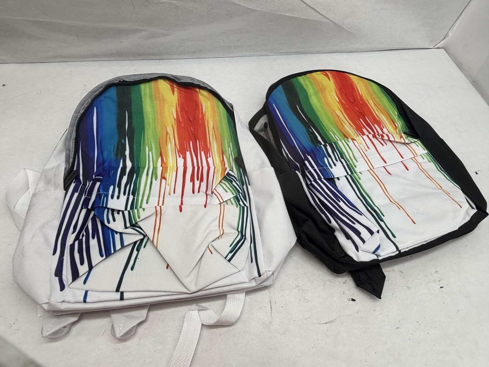 2 Rainbow Paint Drip Backpack Set School Bag White Black Art Print Laptop Pocket