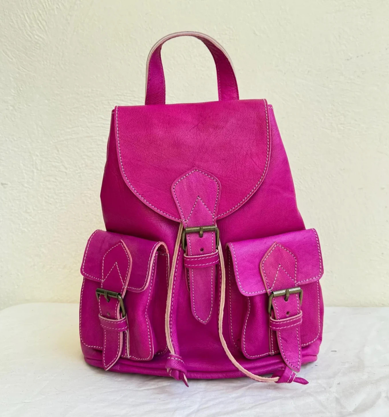 Fuchsia Pink Genuine Leather Backpack Handmade 38cm Artisan Handcrafted