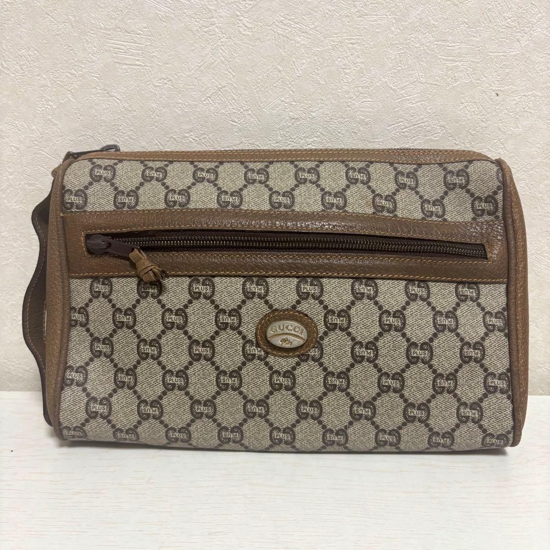 GUCCI Vintage GG Leather Clutch Bag Unisex Brown Beige Size 15x24cm