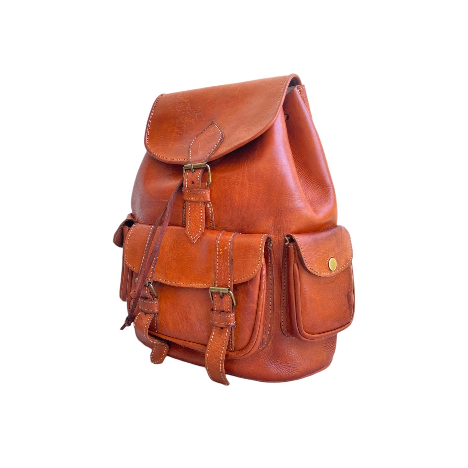 Cognac Leather Backpack Handmade Morocco 2 Pockets Genuine Leather Bag
