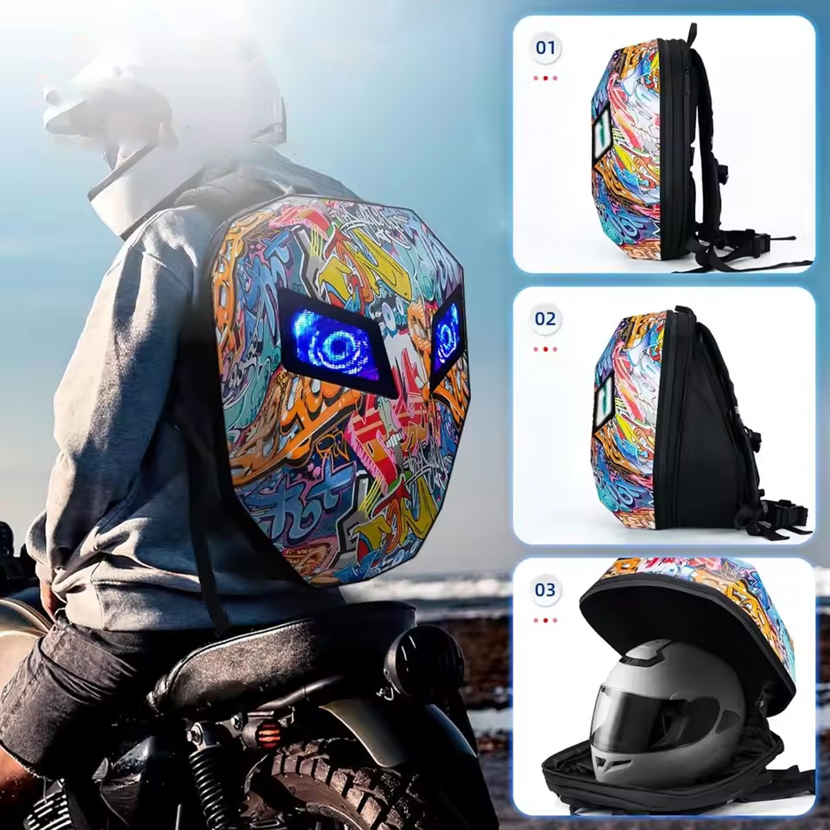3D Backpack Motorcycle Helmet Bag Waterproof LED Digital Light Hard Shell Bag