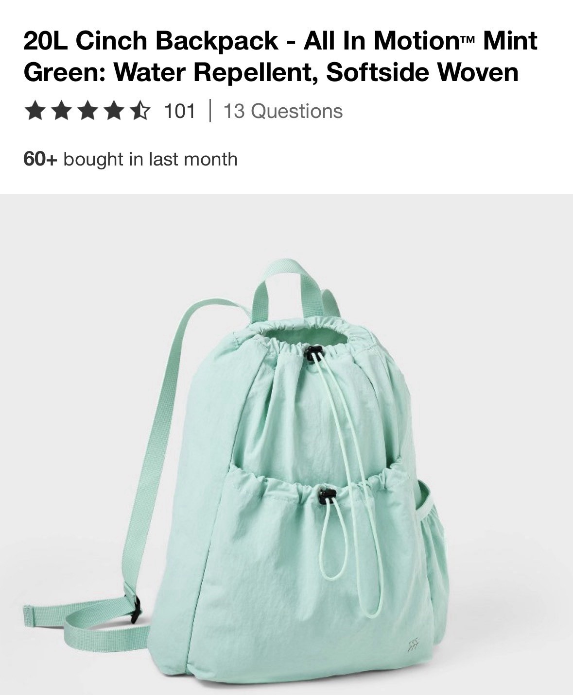 All In Motion 20L Cinch Backpack Adjustable Straps Water Repellent Mint GreenNew